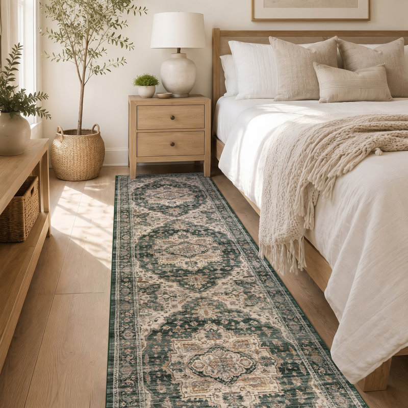 Tapis rétro vert antidérapant lavable à la machine Vintage Medallion, Vert, 2 pi x 12 pi