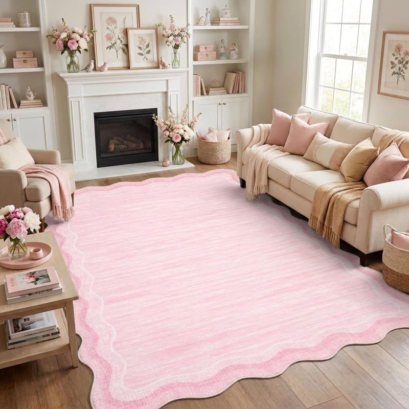Tapis festonné en polyester 9 x 12 de couleur rose, lavable à la machine avec envers antidérapant pour le salon, tapis intérieur doux à poils courts