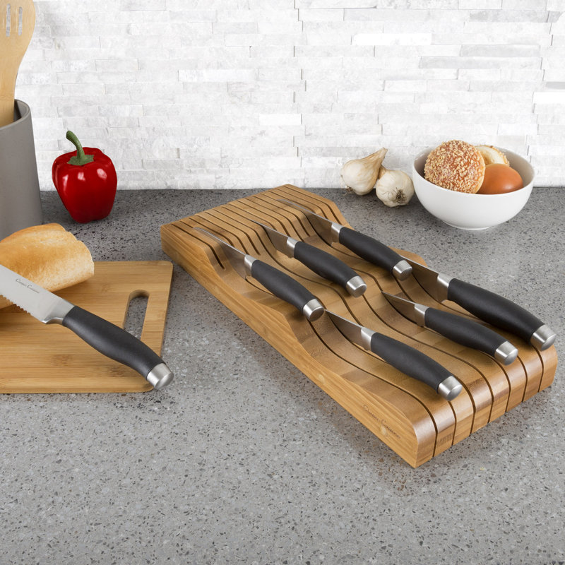 Classic Cuisine In Drawer Bamboo Knife Block and Cutlery Storage Organizer, Holds up to 15 Knives Bacteria Resistant and Protects Blades