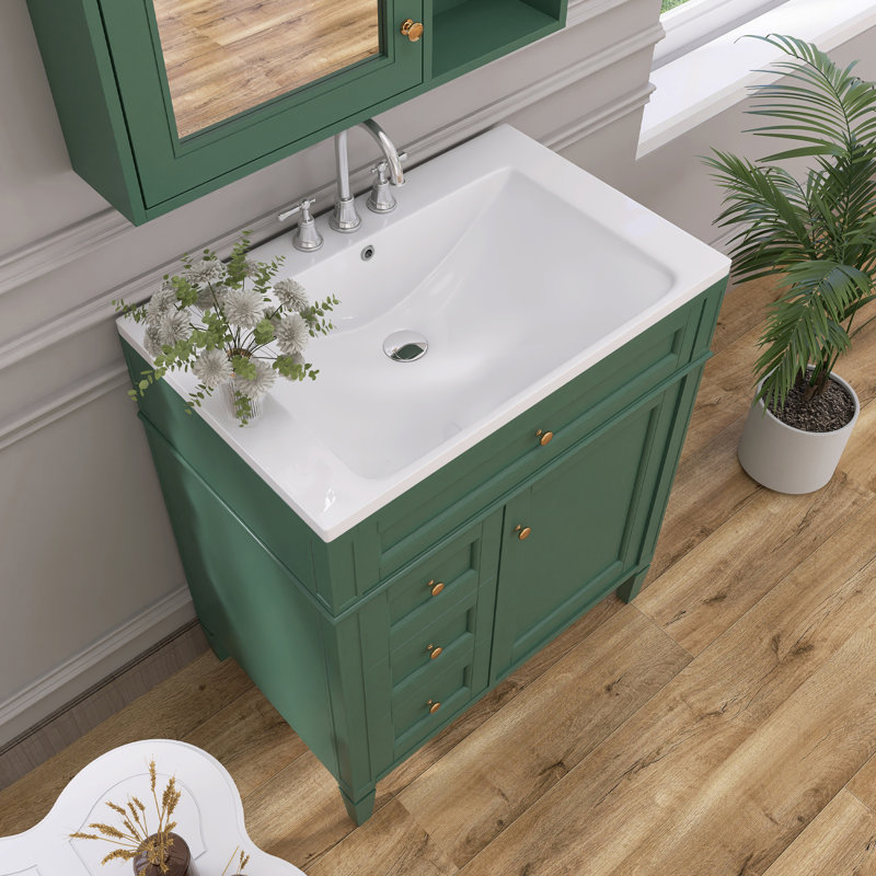 Meuble-lavabo simple 30 po avec plateau en résine et armoire à pharmacie Shaneca, Vert