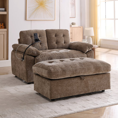 Fauteuil de loisir, fauteuil inclinable double avec dossier réglable, port de charge USB, support pour téléphone, repose-pieds de rangement assorti - brun