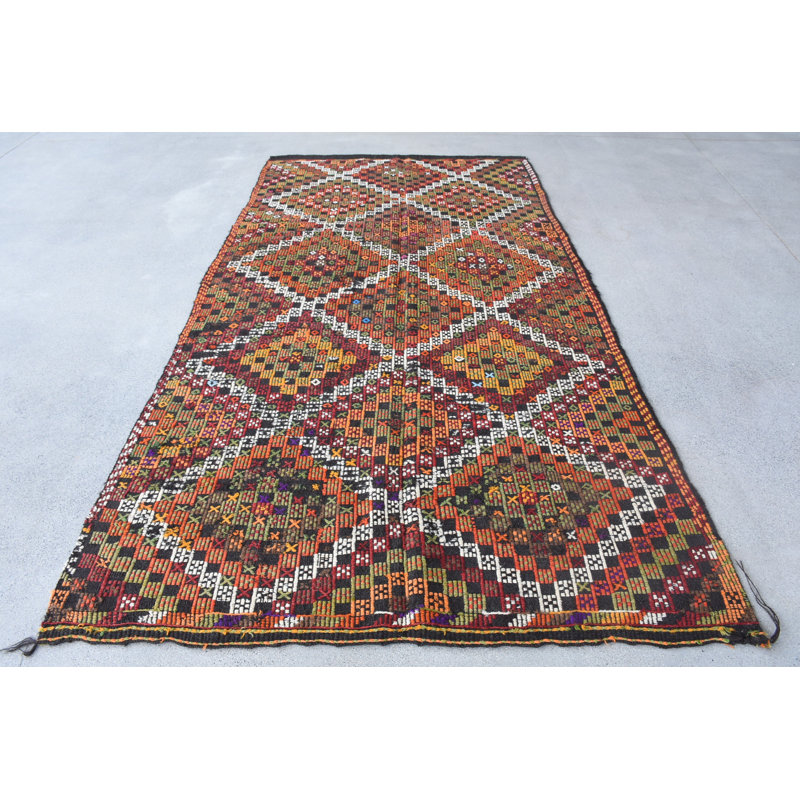 Tapis kilim en laine rouge, motif patchwork 63,4 x 116,5 pouces