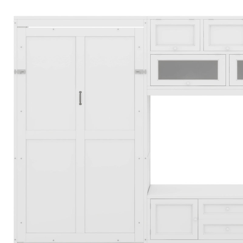 Lit escamotable en bois avec meuble télé, 2 tiroirs, tablettes et armoires, Blanc