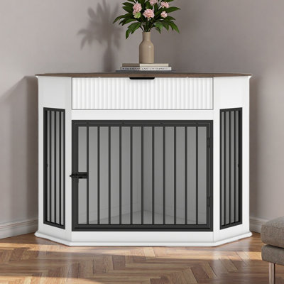 44.6'' Corner MDF Dog Crate Furniture For Small/Medium Dogs, Decorative Dog Kennel End Table With Fluted Drawer Storage, Modern Space-Saving Dog Cage Cabinet For Home Décor Indoor