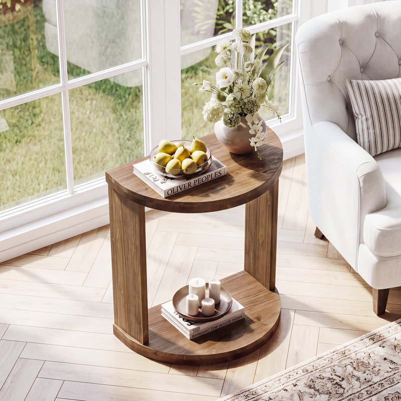 Table de bout en bois massif de 23,62 po, table d'appoint demi-lune avec tablette de rangement pour le salon et la chambre à coucher