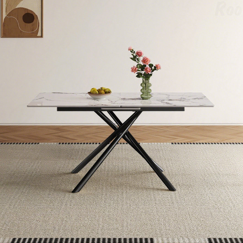 59-Inch Modern Rectangle Expandable Dining Table Retractable Leaf Sintered Stone Top Black Carbon Steel X-Base 4-6 Person