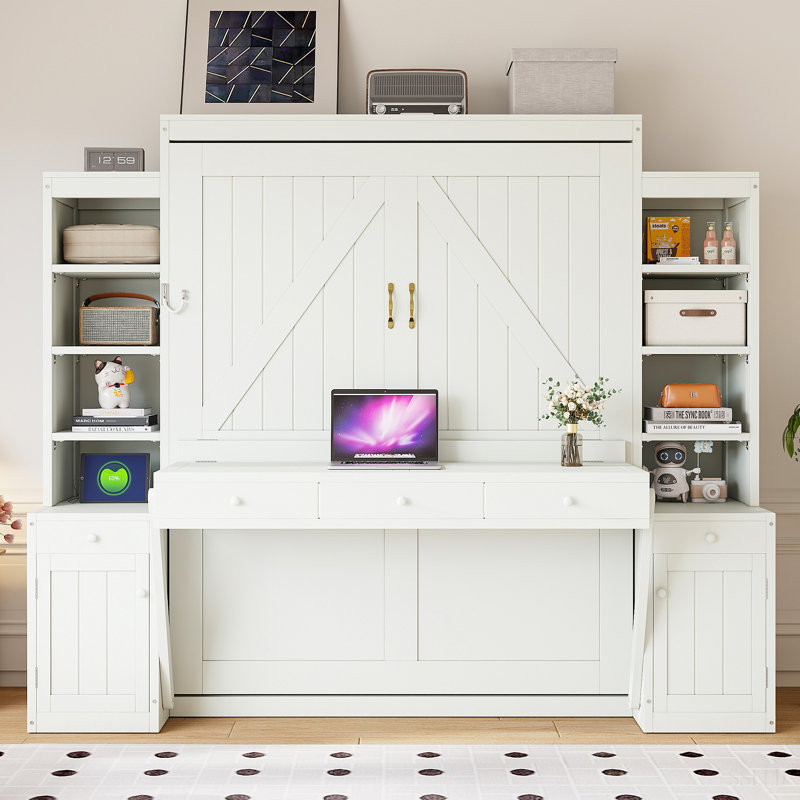 Grand lit escamotable avec bureau et rangement, lit escamotable en bois peu encombrant avec armoires et tiroirs