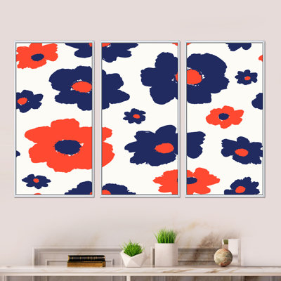 «Orange and Blue Retro Flowers», reproduction sur toile flottante 3 pièces