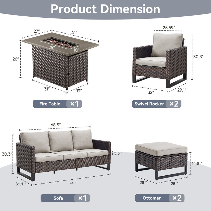 Nazime 5- Person Outdoor PE Wicker Patio Conversation Set with Fire Pit, Ottomans and Cushions, Beige, Brown