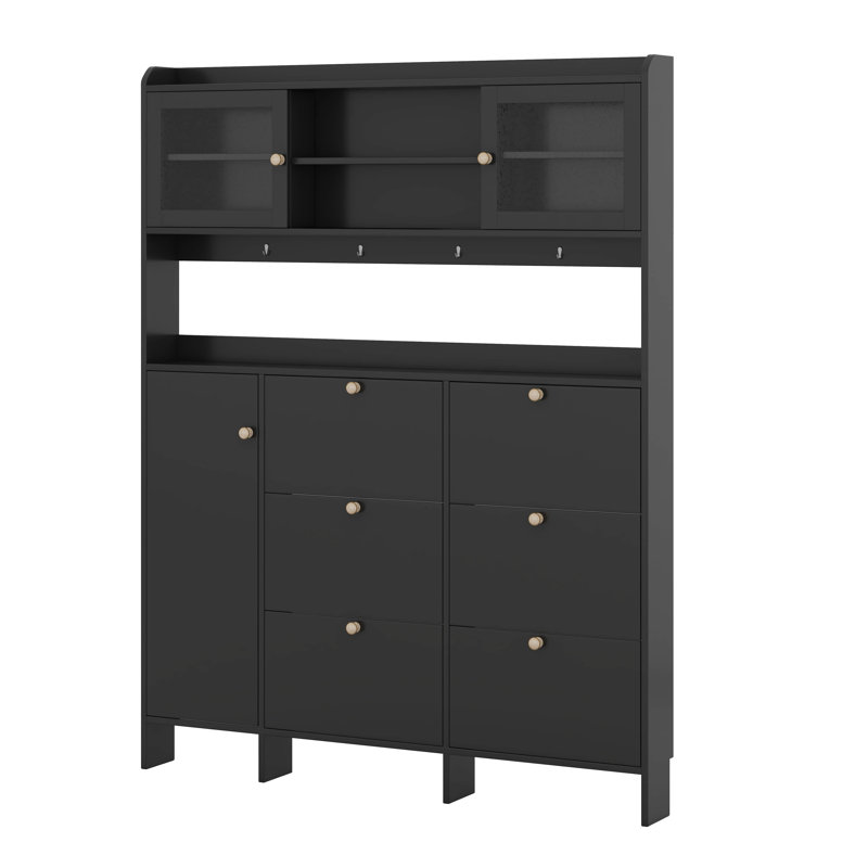 Multi-Functional Tipping Bucket Shoe Cabinet With Storage Shelf & 6 Flip Drawers, Black