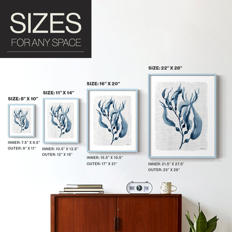 Reproduction encadrée bleu marine de varech I - bois massif, Bleu, H 21 po x l 17 po