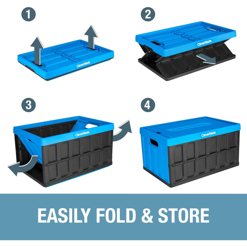 Collapsible Storage Bin (With Lid), 3PK - 62L (16 Gal) Folding Plastic Stackable Utility Crates, Holds 100Lbs Per Bin - Solid Wall Clevercrate For Organizing, Storage, Moving