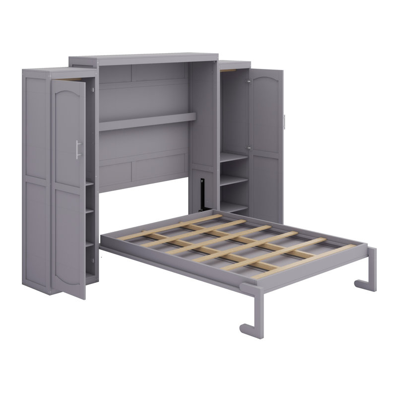 Lit escamotable avec garde-robe et tablette de rangement, gris