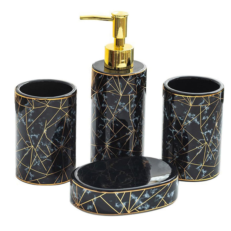 4pcs Ceramic Bathroom Set: Toothbrush Holder, Mouthwash Cup, 300ML Lotion Dispenser, Soap Dish, Black