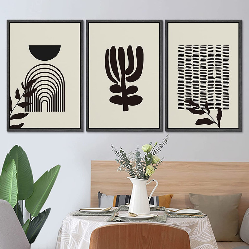 Signe, reproduction d'art sur toile encadrée, ensemble de plantes bicolores, collage géométrique abstrait, formes abstraites, art moderne boho décoratif pour le salon, la chambre à coucher, le bureau - 2204-M30 - noir