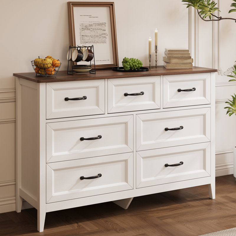 Commode à 7 tiroirs de 47,1 po de largeur avec armoires de rangement en bois, convenant à la chambre à coucher, au salon ou à l'entrée.
