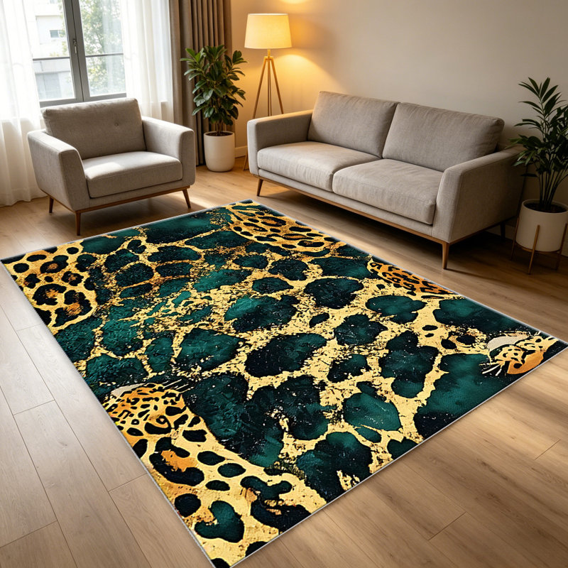 Leopard Print Teal Gold carpet-easy to clean, machine-washable, soft and comfortable; suitable for door mats, kitchens, living rooms, bedrooms, corridors, and laundry areas. Easy to clean, durable carpet for home decoration.