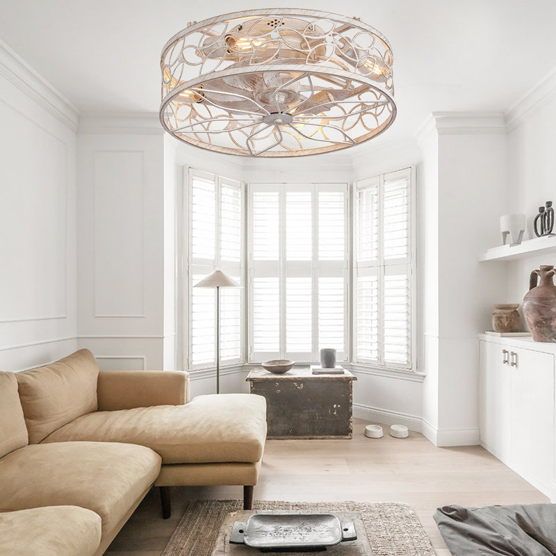 18" Vintage Caged Ceiling Fan Light with Remote, Quiet Industrial Design, White