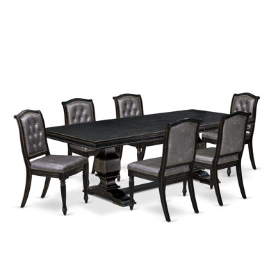 L'ensemble de table de salle à manger moderne 9 pièces se compose d'une table en bois et de 8 chaises de salle à manger en similicuir gris foncé avec dossier capitonné - Finition sable