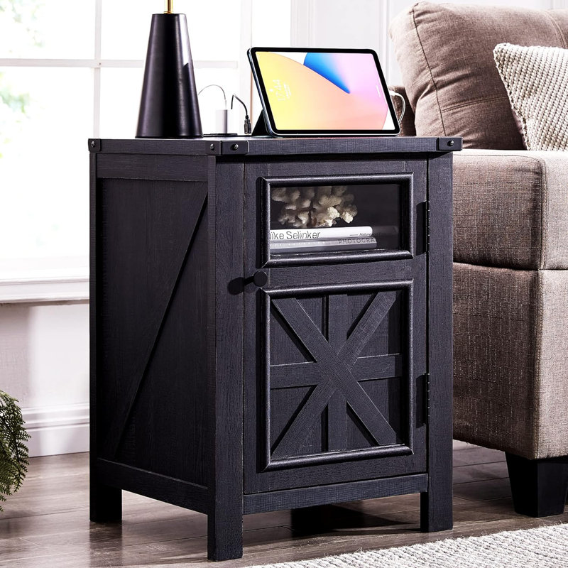 Ariellah 26'' Farmhouse End Table with Charging Station, Wood Nightstand with Adjustable Storage Shelf, Black