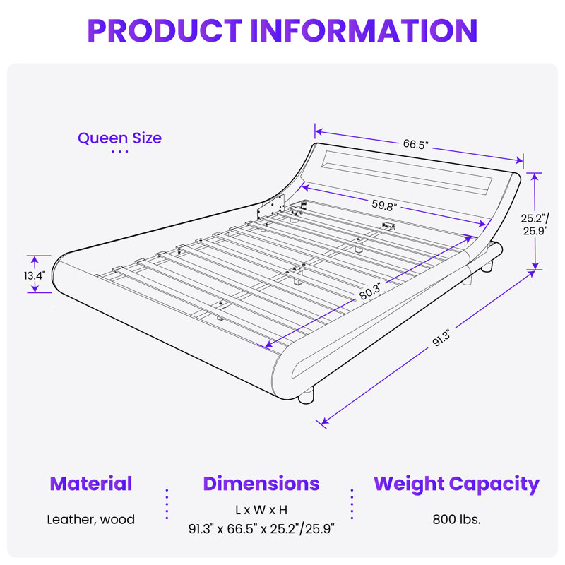 LED Platform Bed Frame With Adjustable Headboard, Black, Queen