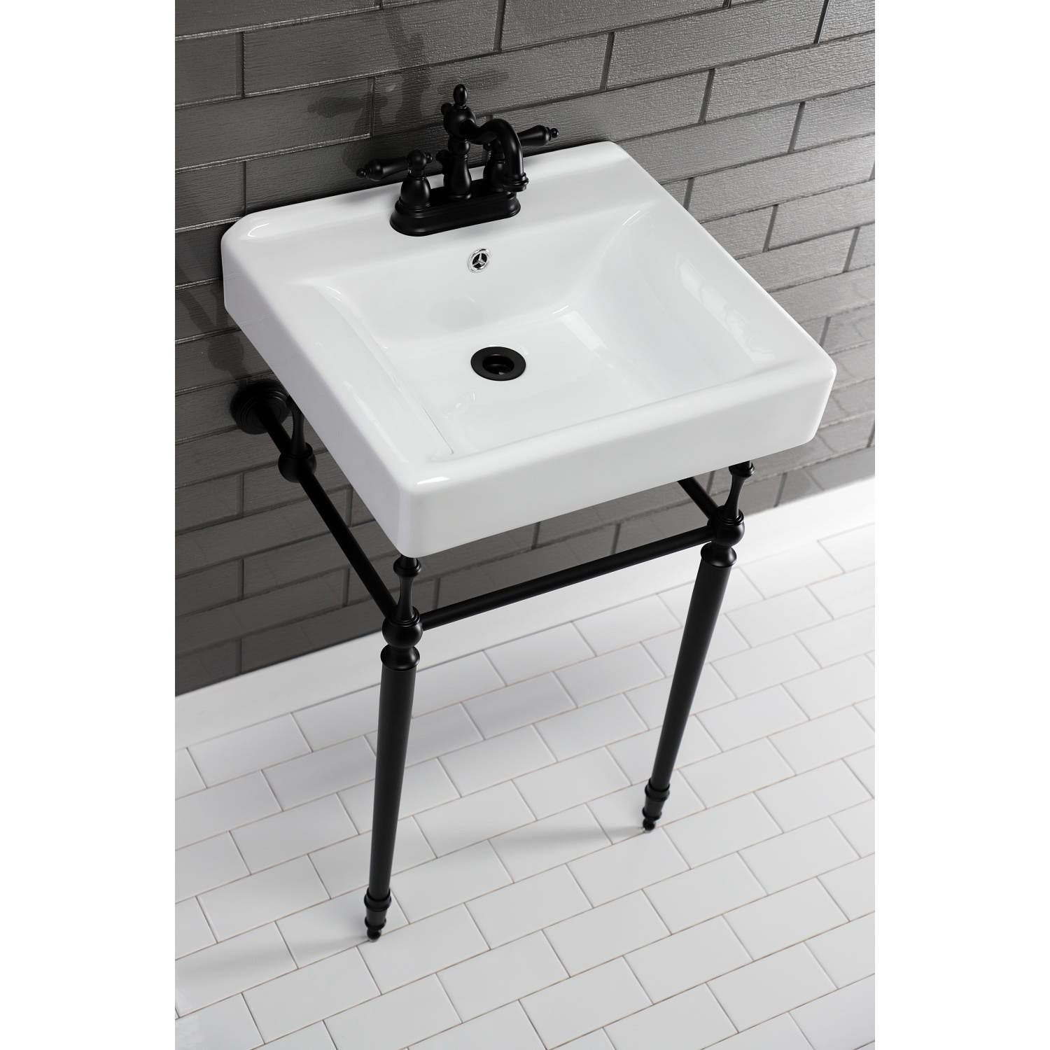 Kingston Brass Edwardian 20-Inch Porcelain Console Sink with Brass Legs (4-Inch, 3-Hole), White/Matte Black