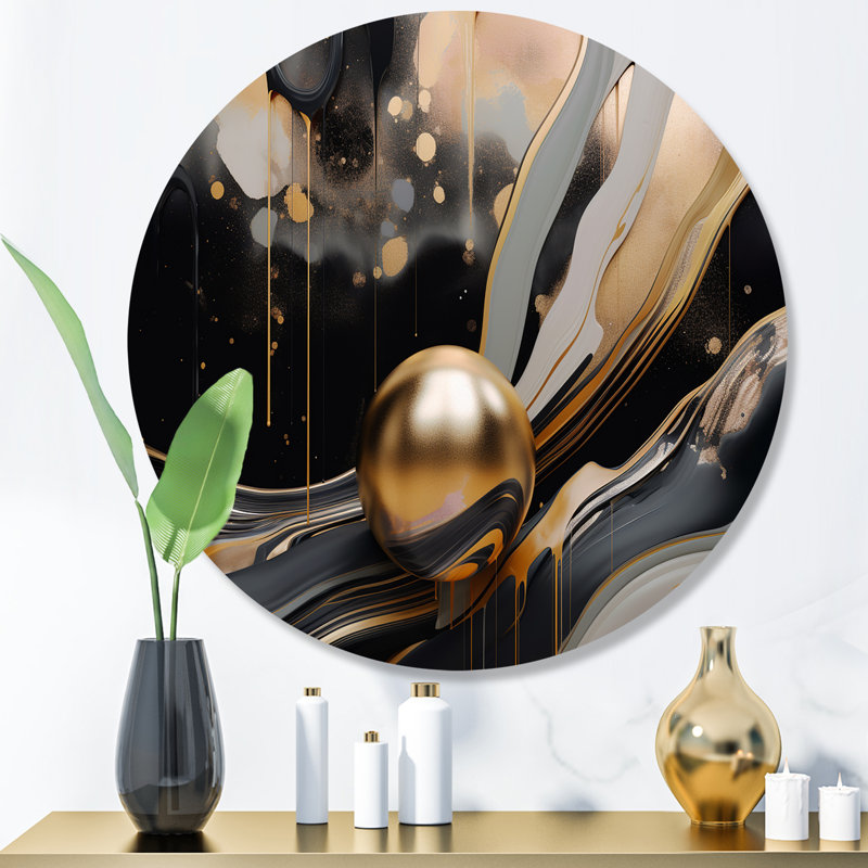 Or et marbré noir Euphoria II - marbre abstrait, art mural rond en métal, H 36 po x l 36 po x P 1 po