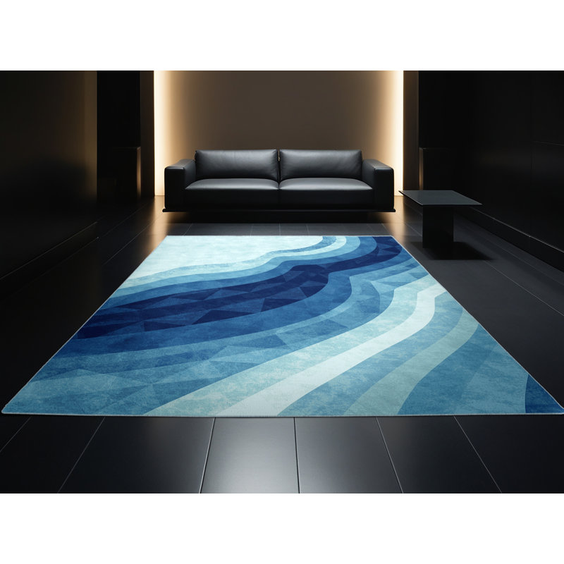 Machine Washable Carlstadt Contemporary Ombre Rug in Blue – SkyBlue Binding, 4' Round