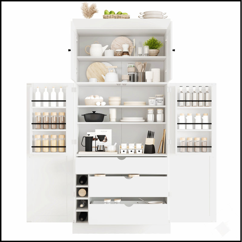 Spacieux garde-manger autoportant de 77 po de hauteur avec tablettes réglables, tablettes de porte, tiroirs et supports à vin pour un rangement moderne