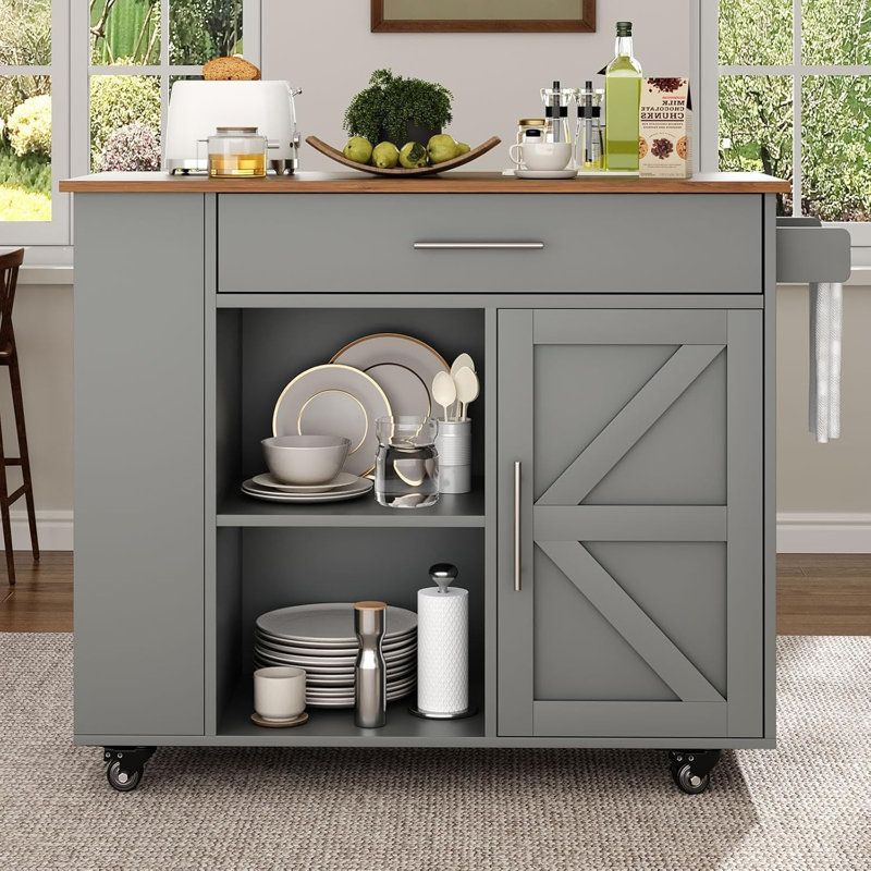 Kitchen Island Cart On Wheels With Storage, Kitchen Island With Spice Rack & Towel Rack, Rolling Kitchen Island With Open Shelves, Portable Island With Drawer