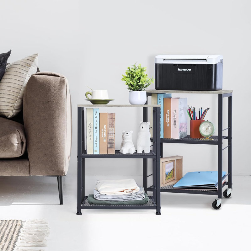 Chariot utilitaire à 3 niveaux avec roulettes verrouillables, chariot de rangement multifonctionnel pour la cuisine, le bureau, la chambre à coucher, une structure en métal robuste et un plateau en bois