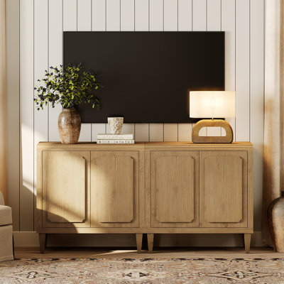 Meuble télé Mid-Century moderne avec téléviseur de 70 po ou moins, meuble audio-vidéo en bois avec portes en relief, tablette réglable, console média pour le salon et la chambre à coucher