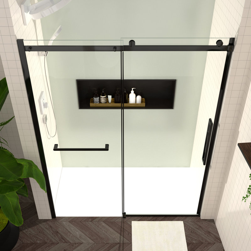 Glass Shower Door, 5/16" Thick Tempered Glass, 56 - 60"W X 76"H, Matte Black Accents, Smooth Sliding Tracks, Easy Clean Surface, Bathroom Upgrade 76"H Build, Fixtures, Motion, Maintenance Coating,
