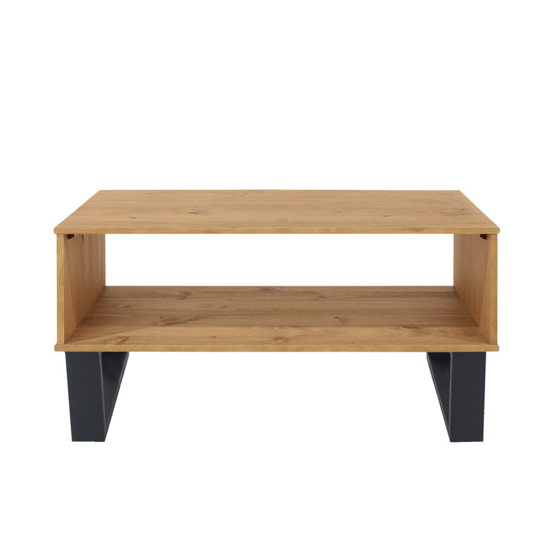 Errik Solid Wood Industrial Design Coffee Table with Storage Shelf, Pine