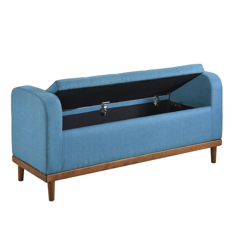 Mid-Century Modern Bedroom Bench With Lift Top Storage, Blue Textured Upholstery, Solid Wood, 300Lbs Weight Bearing Storage Bench, Top, Wood Walnut Frame, Use, Capacity