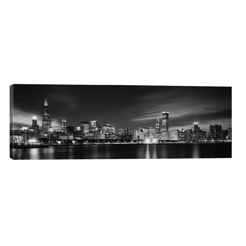 Downtown Skyline At Night In B&W, Chicago, Cook County, Illinois, Usa by Panoramic Images - No Frame Panoramic Painting on Canvas
