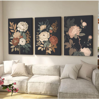 Vintage Flower Wall Art Dark Floral Canvas Wall Art Botanical Farmhouse Prints Black Flower Pictures Wall Decor Moody Floral Artwork Painting For Living Room Bedroom 12X16x3 Inch Framed