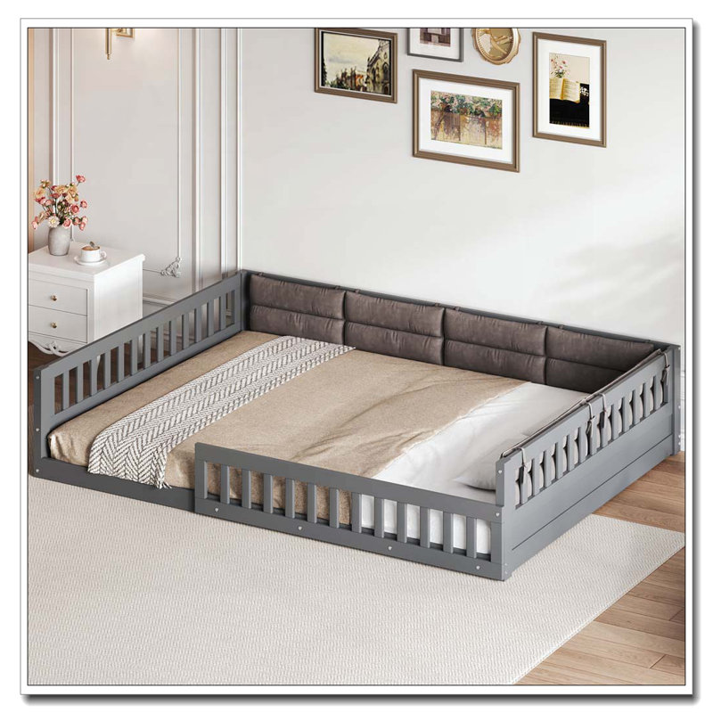 Lit plateforme tapissier en bois pleine grandeur avec garde-corps et coussin, Gris