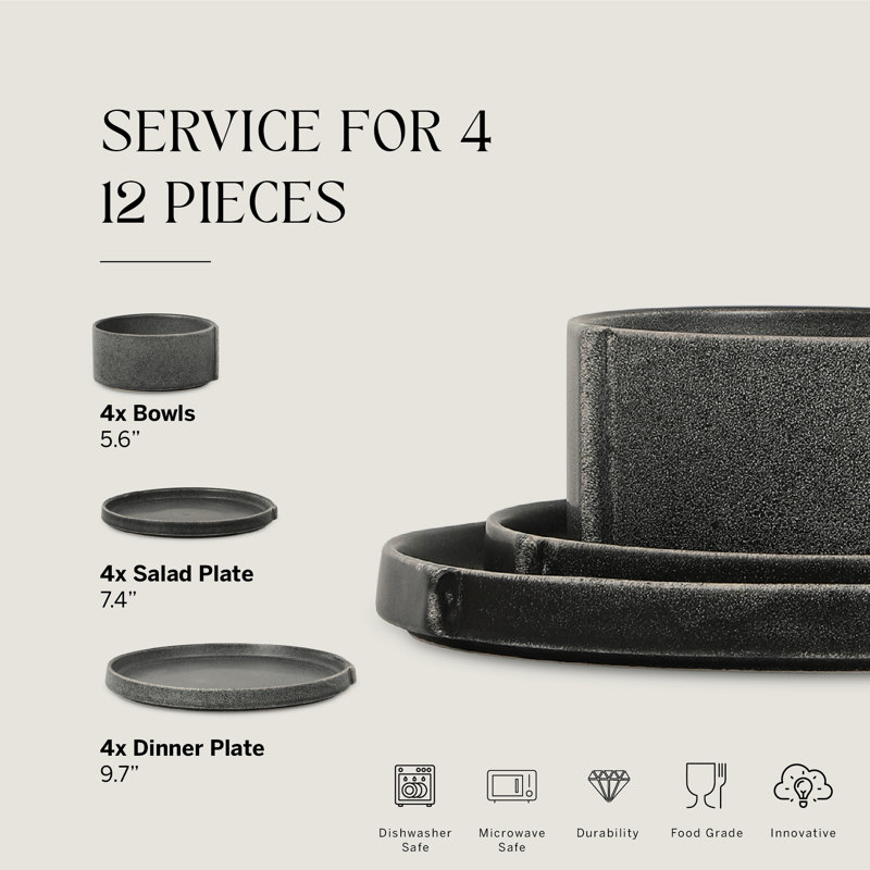 Stone Lain Bao 12-Piece Dinnerware Set Stoneware, Charcoal 