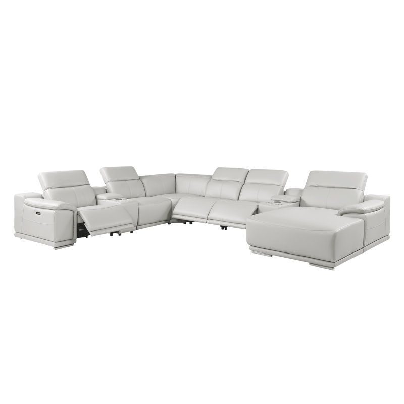WHITE Right-Facing 8-Piece L-Shaped Sectional In Genuine Leather With 3 Power Recliner & Adjustable Headrests