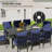 Maynard 9-Piece Black Metal Patio Dining Set With Rectangular Table, 8 Swivel Dining Chairs And Blue Cushions-122878554