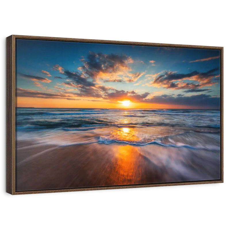 Été, océan, lever de soleil, 13 po x 9 po, Cadre flottant noyer