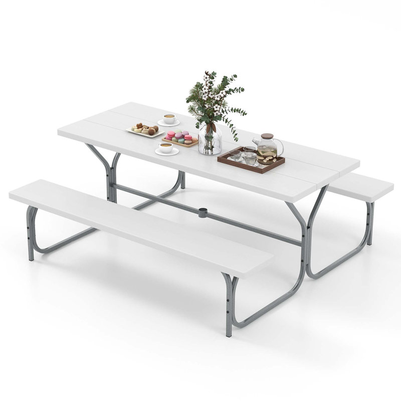 Red Barrel Studio 6 Ft Picnic Table Bench Set Outdoor Dining Table & 2 Benches With Metal Frame White, Blanc
