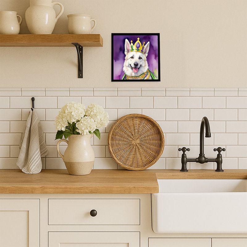 «White German Shepherd King of Mardi Gras», reproduction d'art encadrée