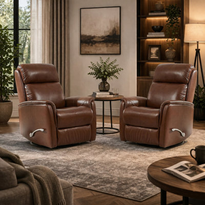 33" Wide Genuine Leather 360° Swivel Rocker Manual Recliner With Wingback and Flared Arms Design (Set of 2)