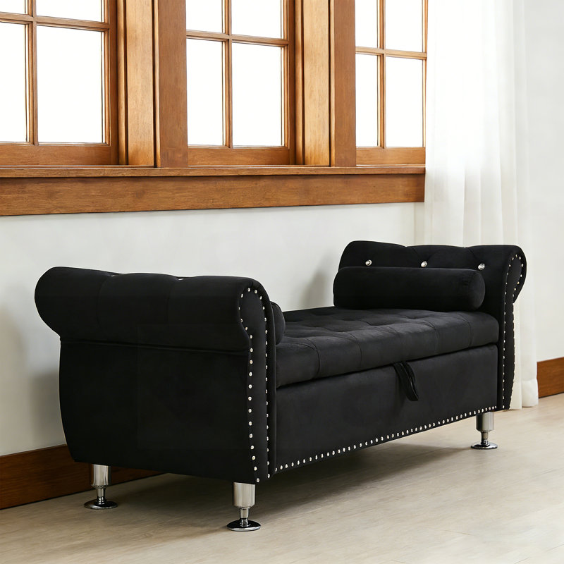 CHIRA  Black Velvet Bedroom Bench, Bed Bench with Button-Tufted Large Upholstered Storage Bench Ottoman, Black