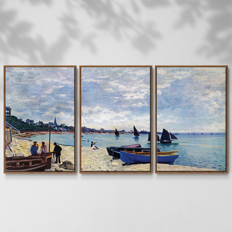 «The Beach At Sainte Adresse # 2» par Monet, reproduction sur toile 3 pièces, H 24 po x l 48 po x P 2 po, Noyer