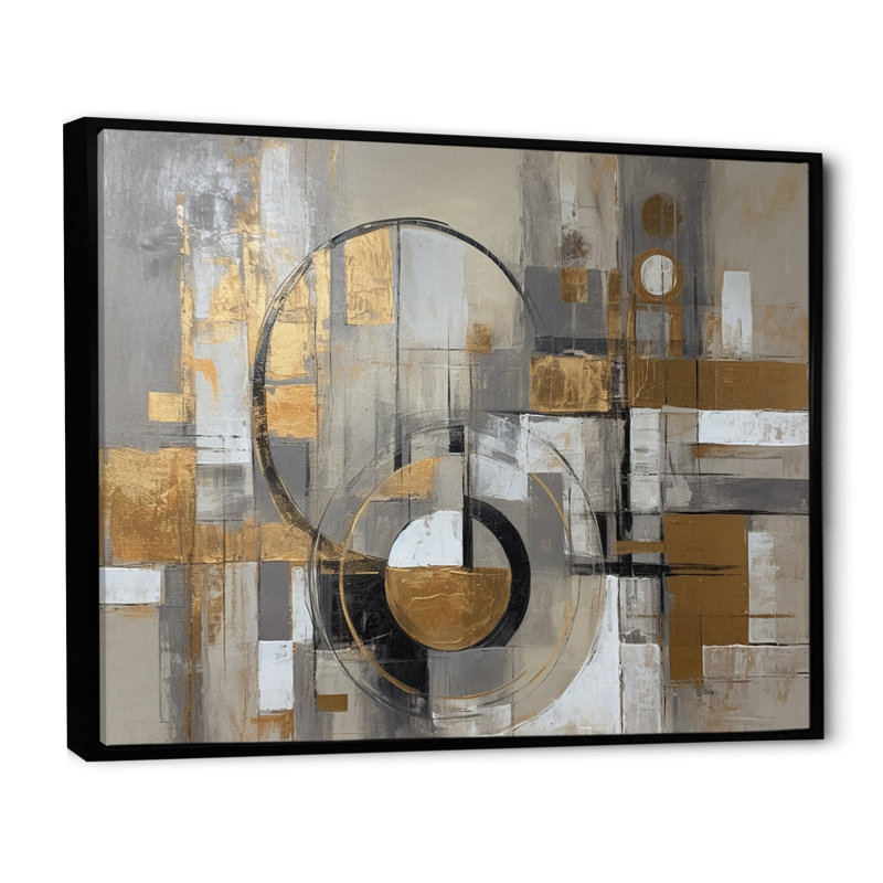 Or et gris, simplicité radicale I - art abstrait Mid-Century, Cadre flottant noir, H 12 po x l 20 po x P 1 po