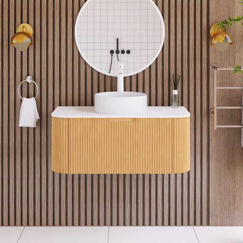 36 po Ensemble de meuble-lavabo mural W avec comptoir en marbre blanc assemblé, Brun