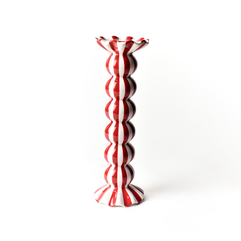Red Stripe Large Ruffle Knobbed Candle Holder, 10.5" H x 3.5" W x 3.5" D